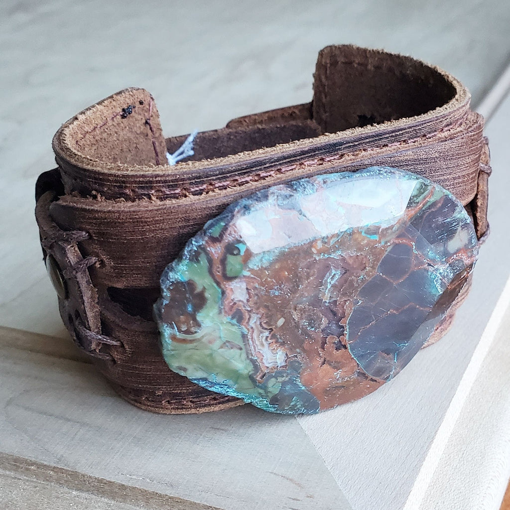 **Genuine Leather Wide Cuff Bracelet w/ Ocean Agate Slab 004C