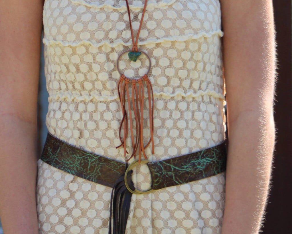 **Tan Vegan Leather Dream Catcher Necklace with Natural Turquoise 246t