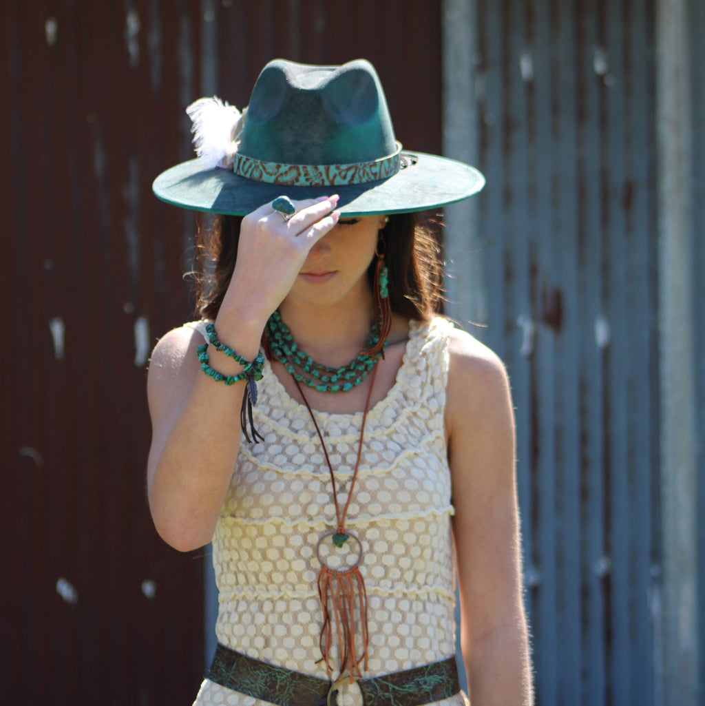 **Tan Vegan Leather Dream Catcher Necklace with Natural Turquoise 246t