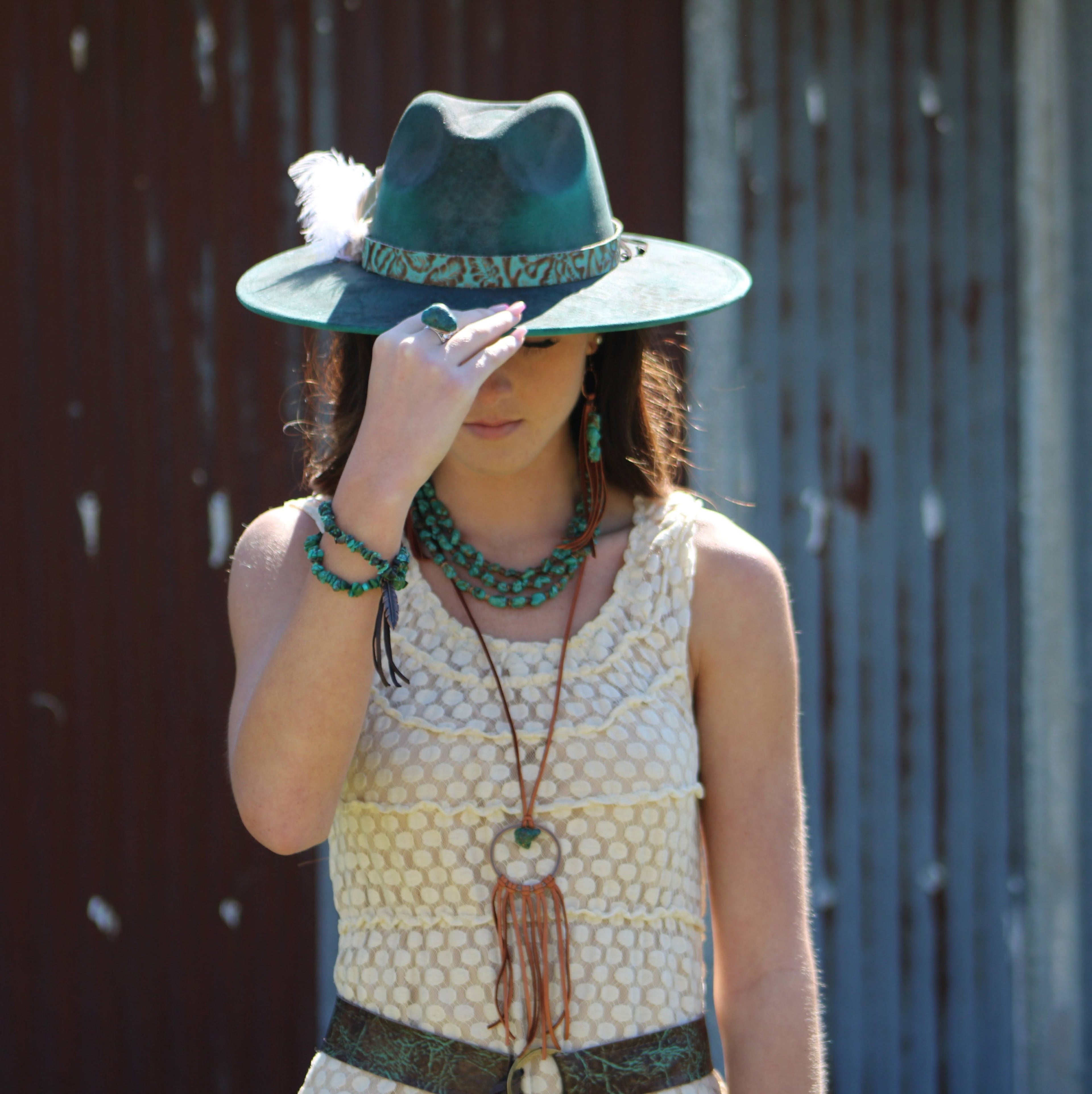 **Tan Vegan Leather Dream Catcher Necklace with Natural Turquoise 246t