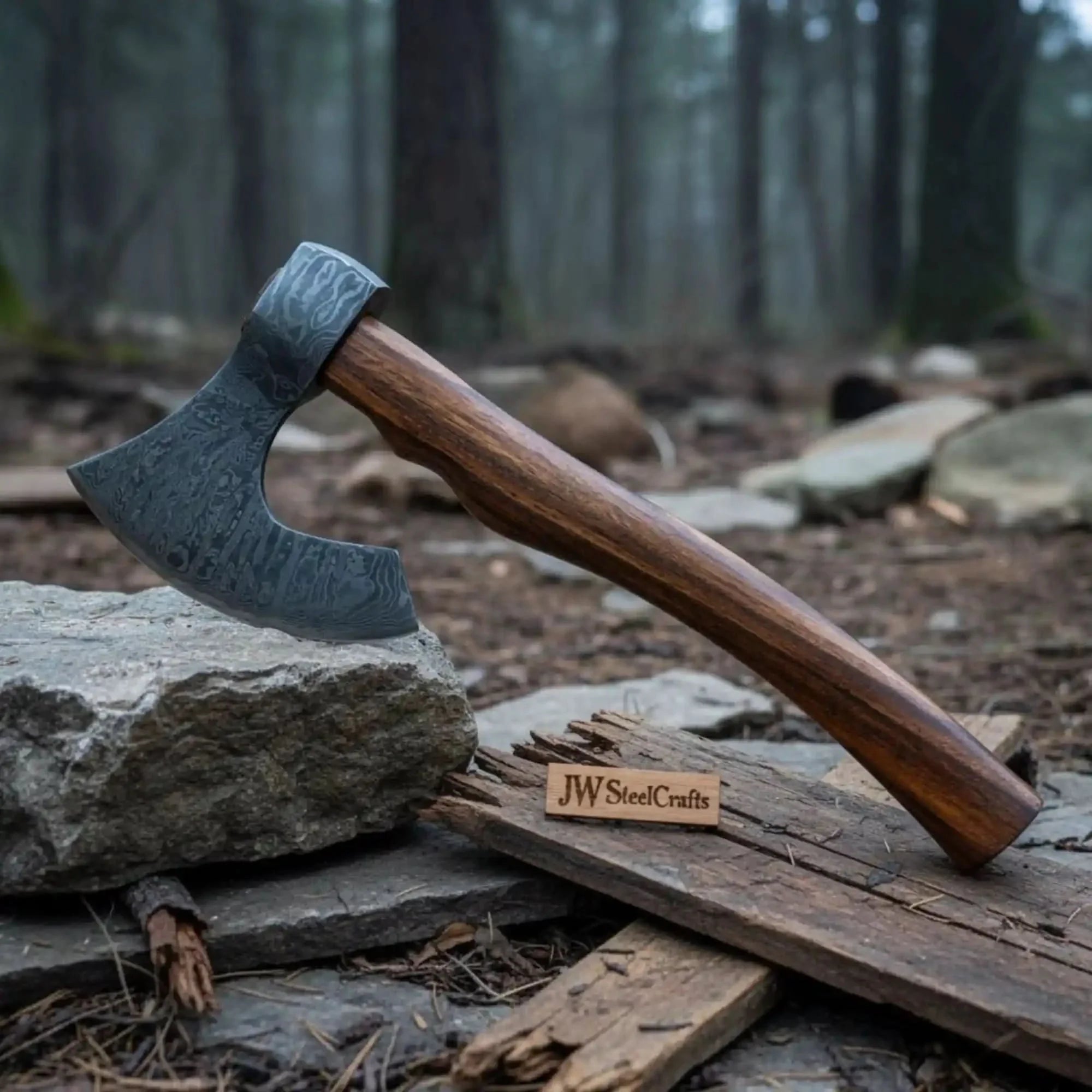 Damascus Steel Camp Axe with 19 Inch Rosewood Handle, Handmade Bushcraft Hatchet with Leather Sheath