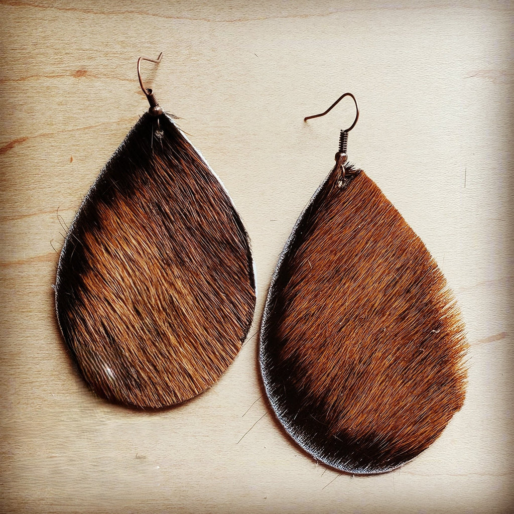 **Leather Teardrop Earrings in Brown Hair on Hide 202m