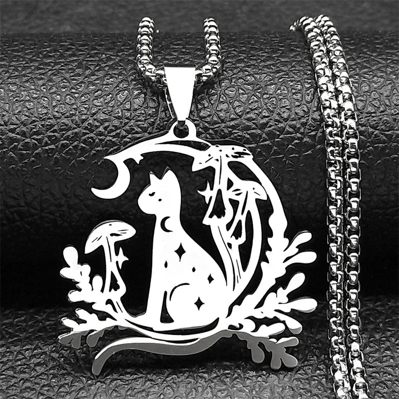 Cat Moon Mushroom Necklace