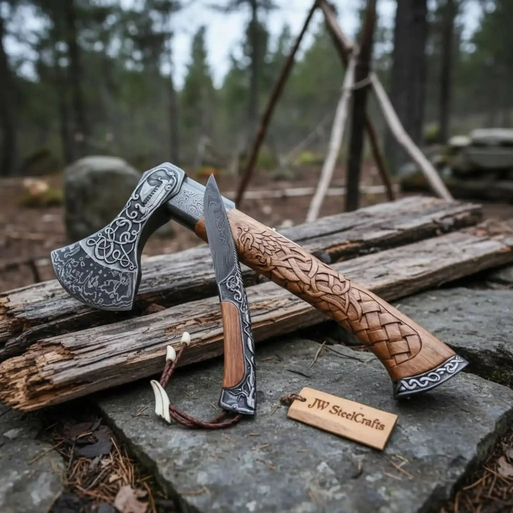 Hand Engraved Damascus Viking Axe with Carved Hardwood Handle and Matching Damascus Knife | Norse Collector Axe Set | JW SteelCrafts