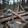 Hand Engraved Damascus Viking Axe with Carved Hardwood Handle and Matching Damascus Knife | Norse Collector Axe Set | JW SteelCrafts
