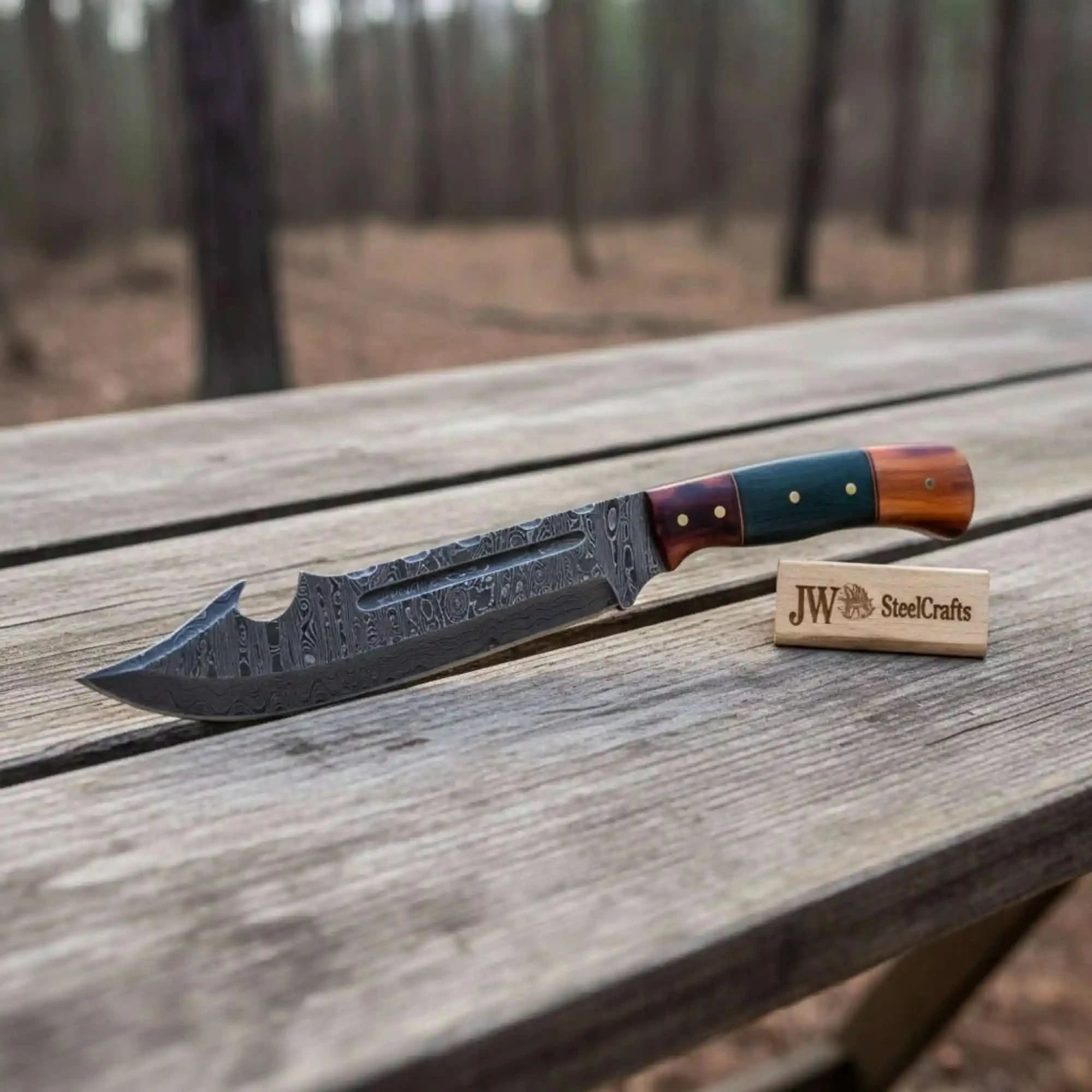 Handmade Damascus Steel Harpoon Point Bowie Knife with Coffin Handle Grip