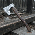 Hand Forged Carbon Steel Viking Axe with Carved Ash Wood Handle and Leather Grip