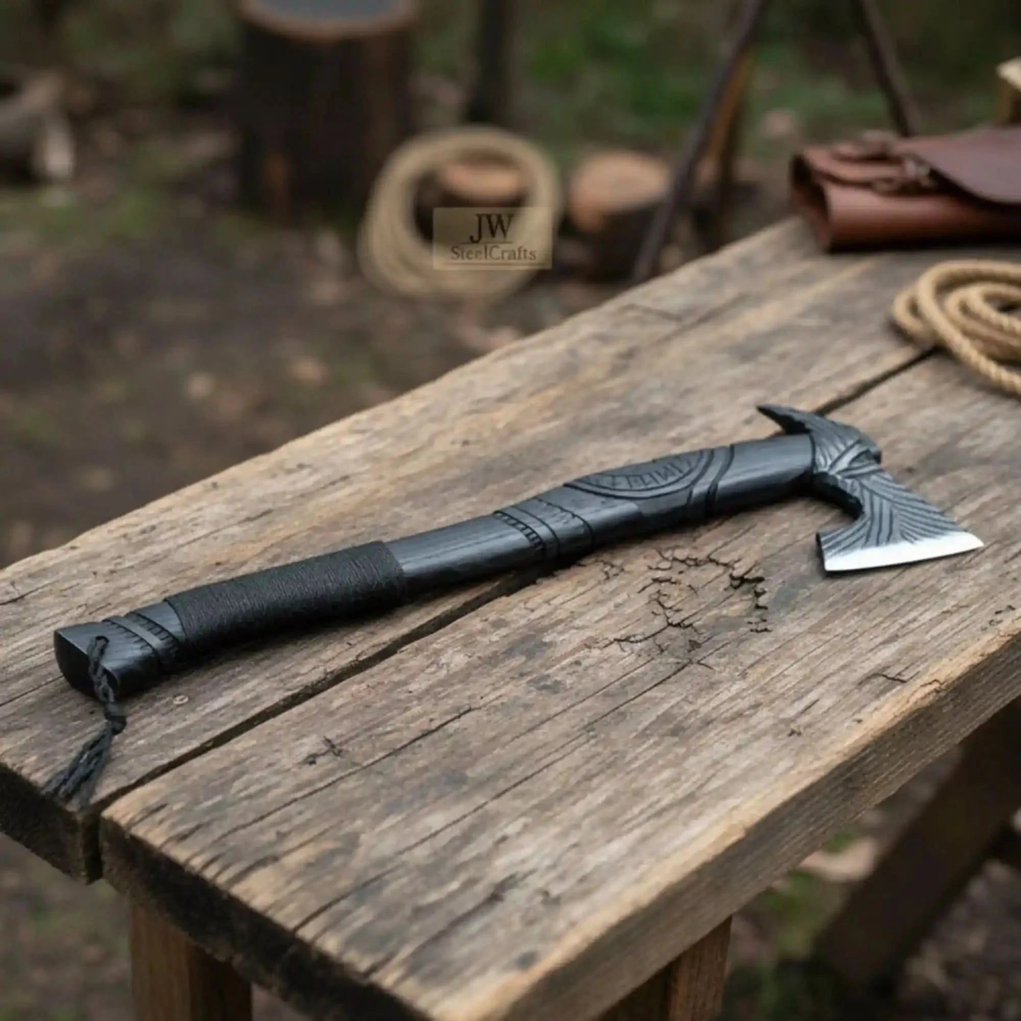 Hand Forged Viking Battle Axe with Carved Black Hardwood Handle