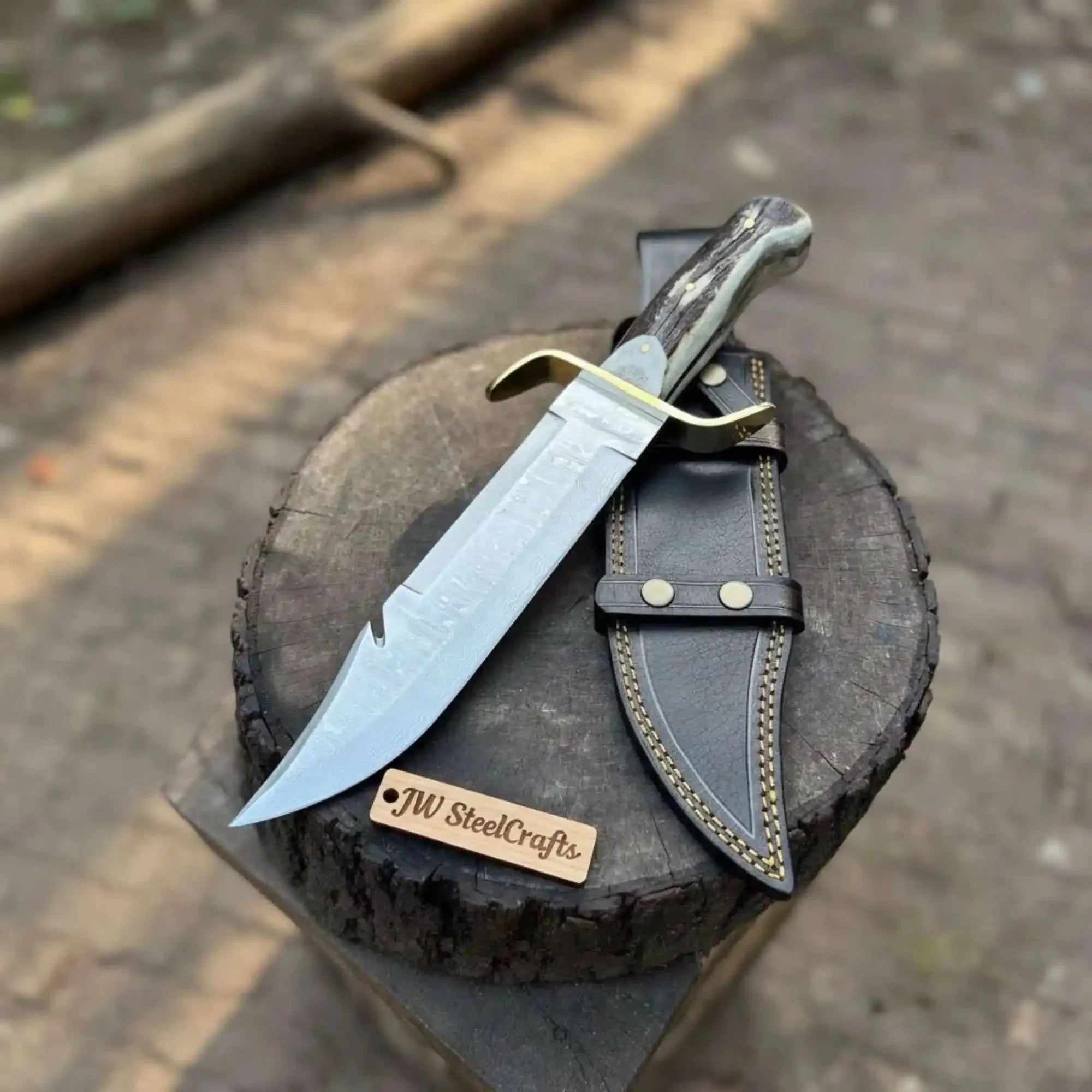 Hand Forged Damascus Bowie Knife with Stag Handle & Belt Sheath