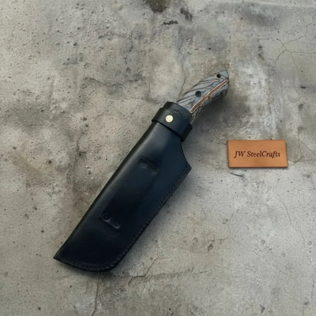 Damascus Hunting Knife with Grey Pinecone Handle | Full Tang + Black Leather Sheath