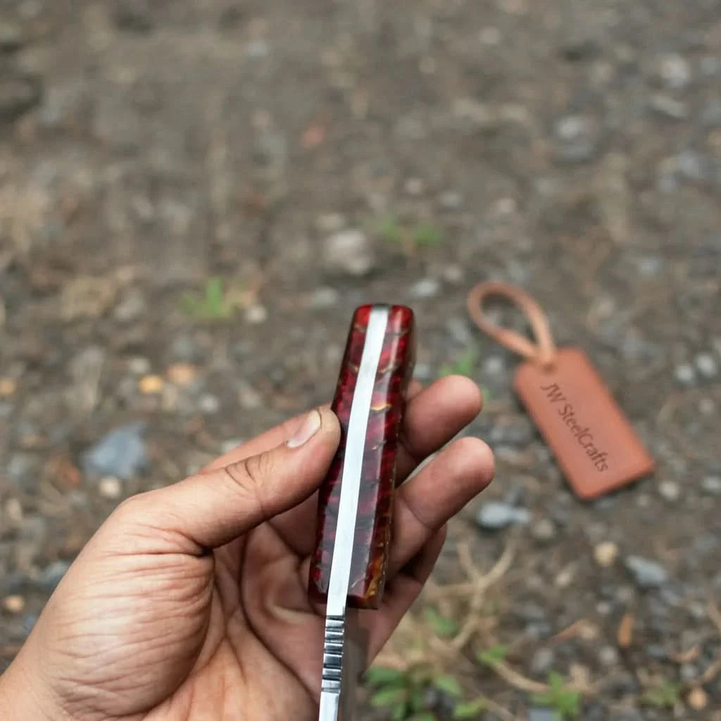 Handmade Stainless Steel Outdoor Knife – Red Swirl Resin Handle | Leather Sheath – JW SteelCrafts