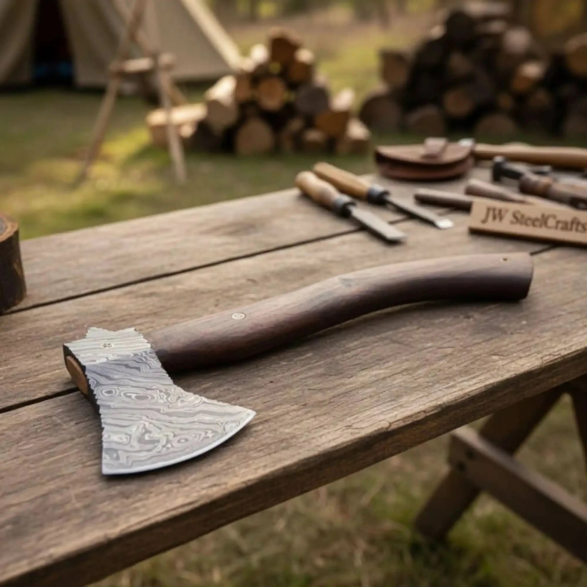 Handmade Damascus Camp Axe with Mosaic Pin and Rosewood Handle