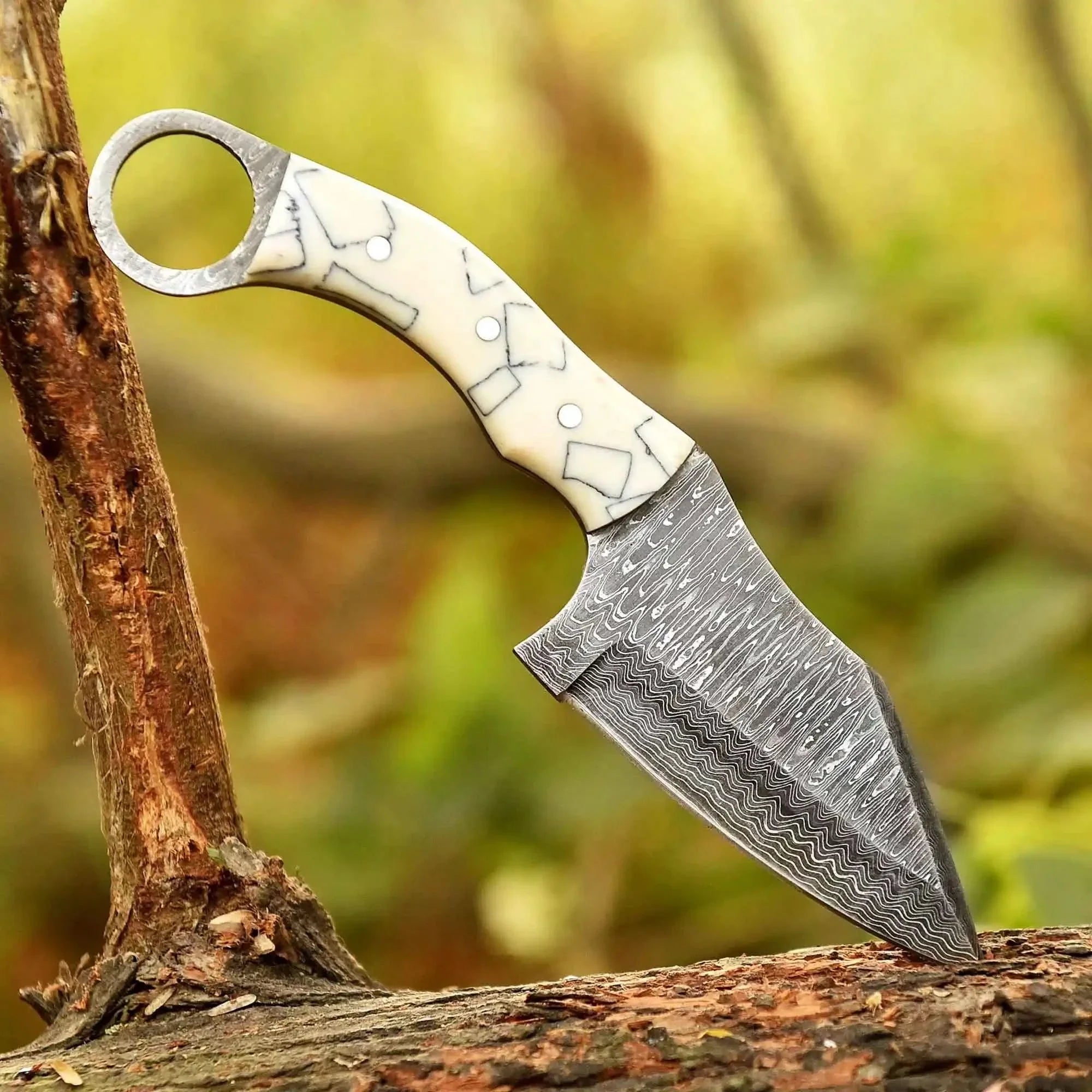 Handcrafted Damascus Steel Ring Handle Outdoor Utility Knife – Resin Grip – JW SteelCrafts