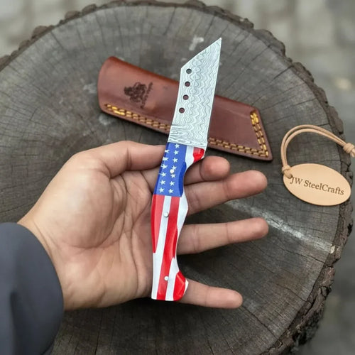 American Flag Handle Damascus Tanto Knife | JW SteelCrafts