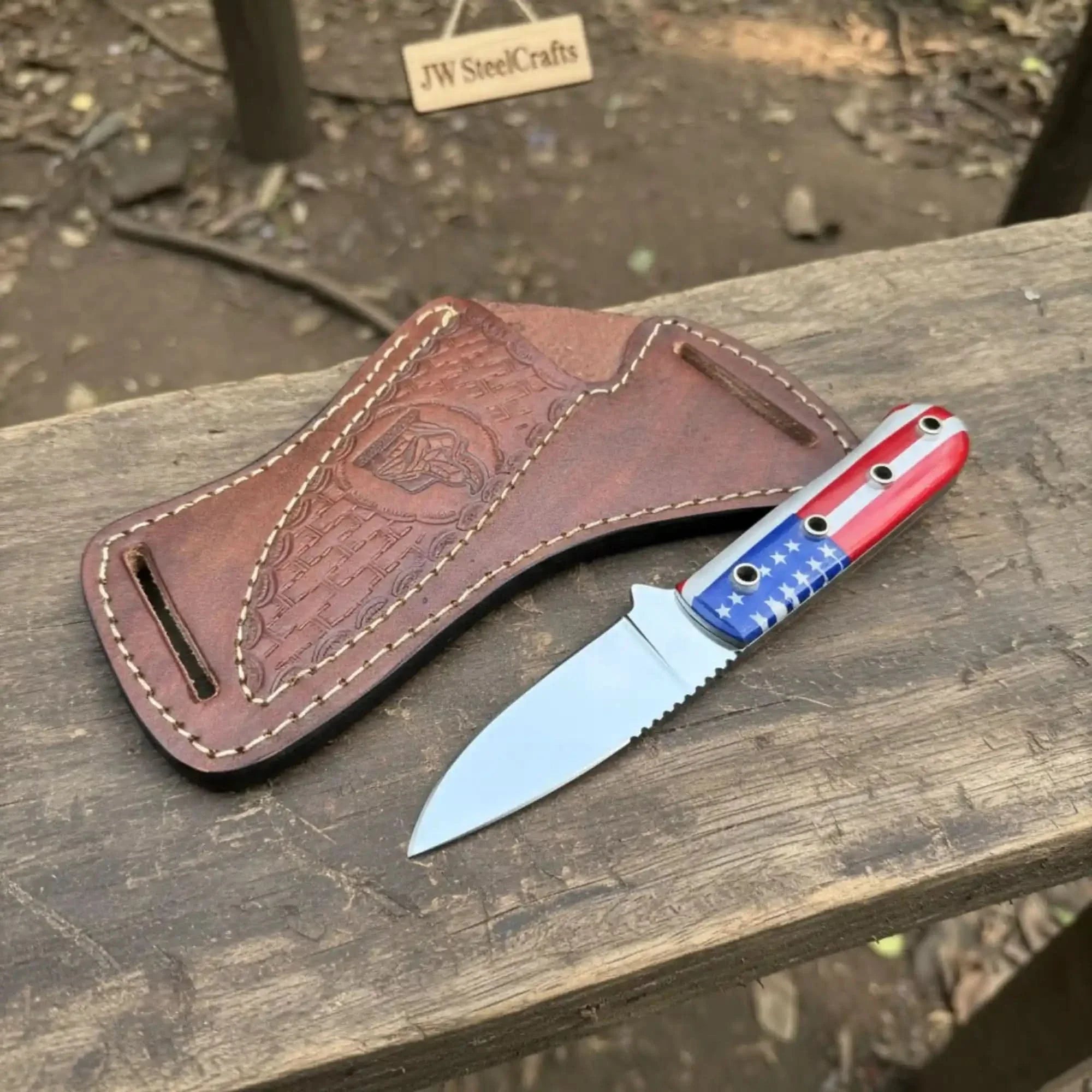 Custom Fixed Blade Knife – Drop Point Outdoor EDC with USA Flag Handle and Leather Sheath