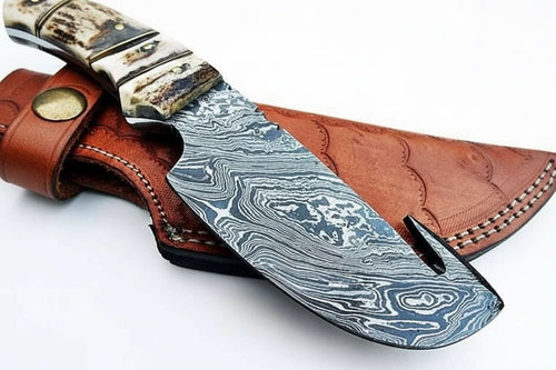 9' Handmade Damascus Skinner Knife with Stag Bone Handle and Gut Hook Blade