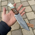 Handmade Damascus Gut Hook Hunting Knife Bone and Rosewood Handle with Leather Sheath