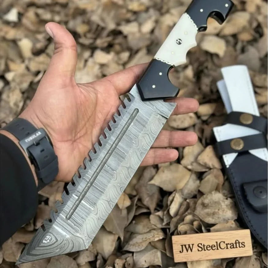 Damascus Steel Tracker Knife with Dual-Tone Bone & Black Handle | Handmade Leather Sheath