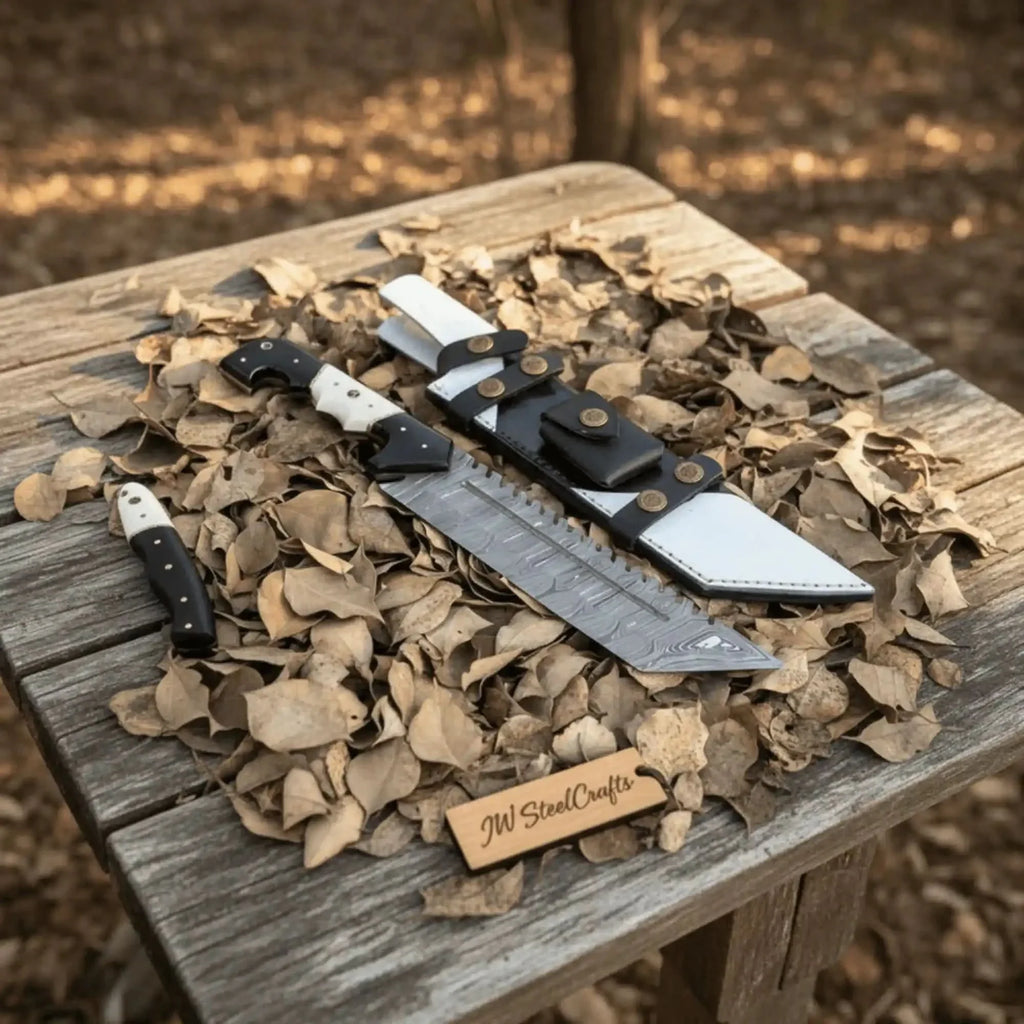 Damascus Steel Tracker Knife with Dual-Tone Bone & Black Handle | Handmade Leather Sheath