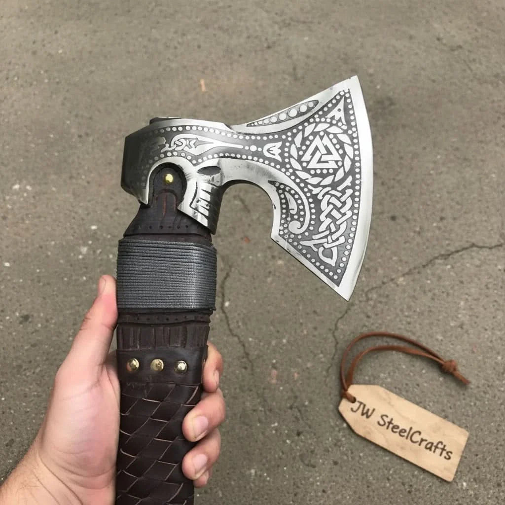 Viking Style Engraved Axe | Handcrafted Leather Wrapped Handle