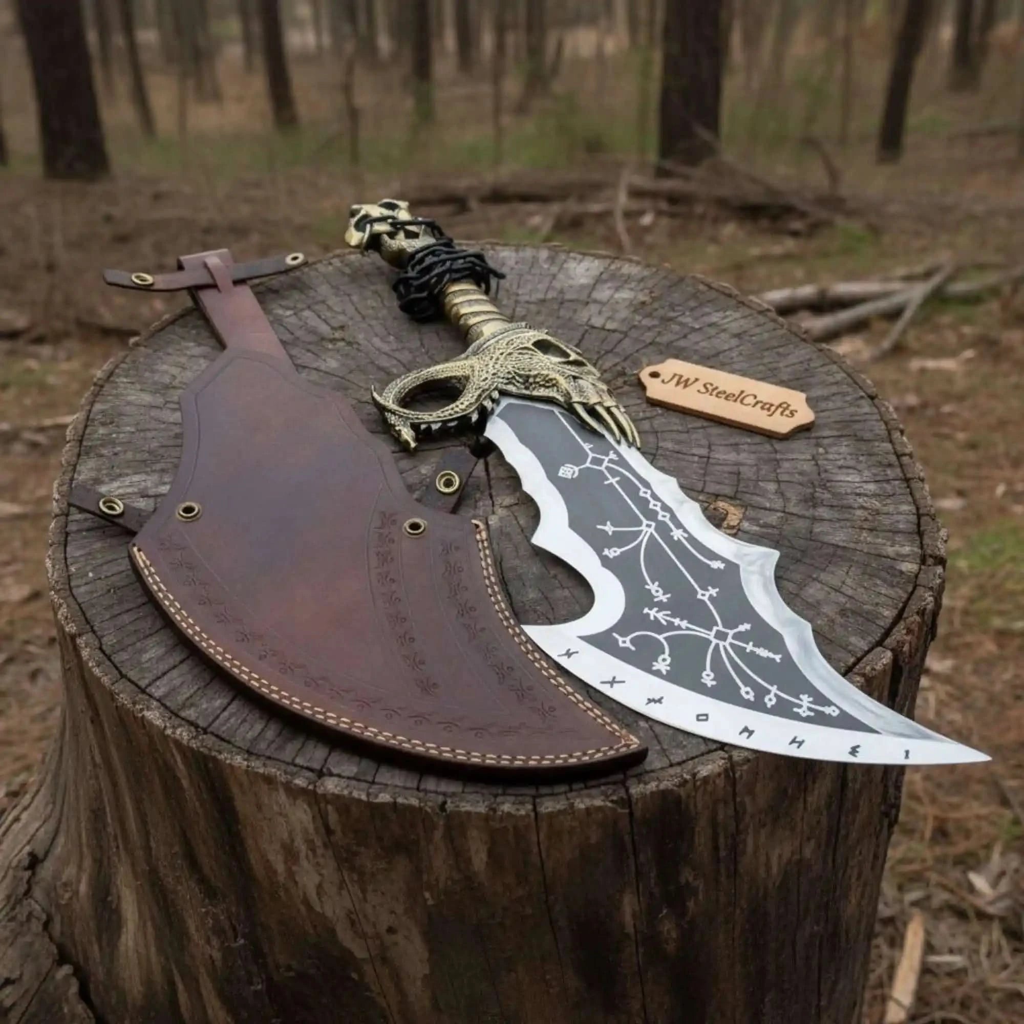 Chaos Inspired Recurve Bowie Knife with Rune Engraving and Dragon Guard