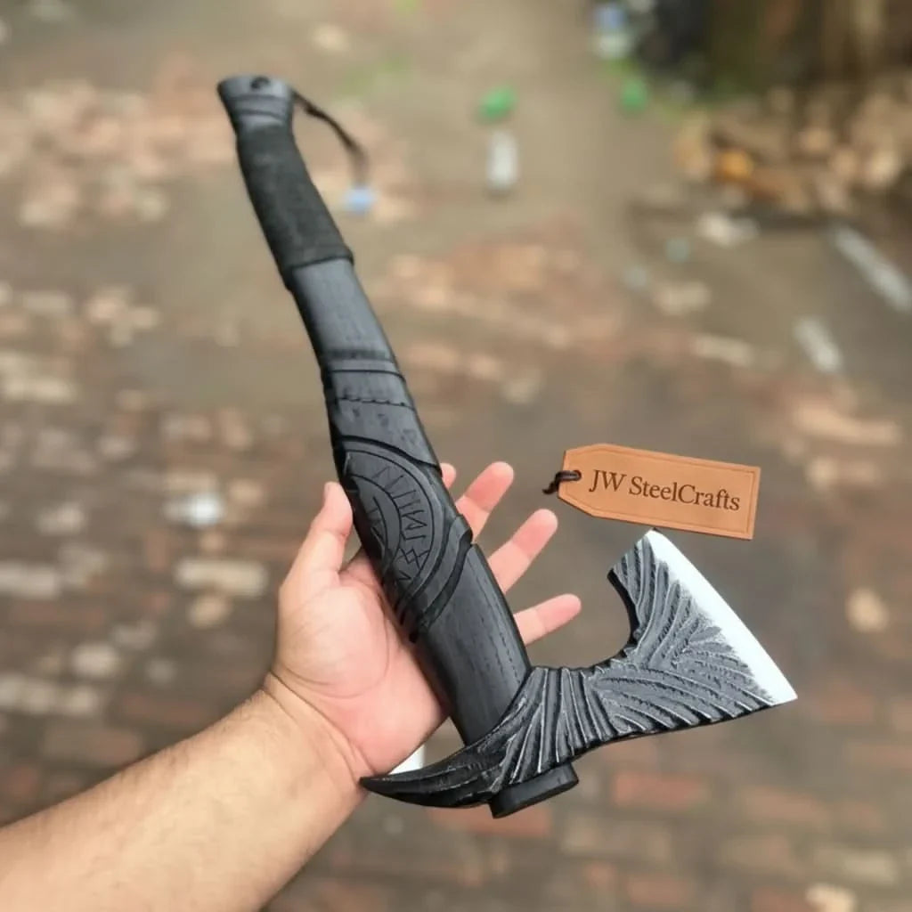 Hand Forged Viking Battle Axe with Carved Black Hardwood Handle