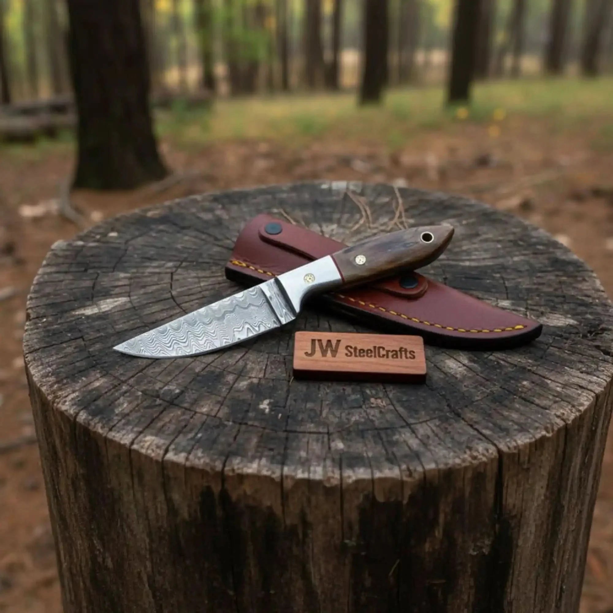 Small Damascus Utility Knife – Rosewood Handle With Leather Sheath