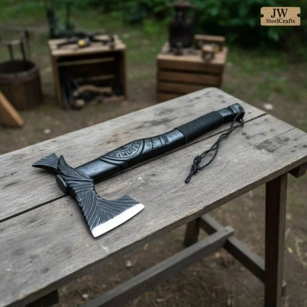 Hand Forged Viking Battle Axe with Carved Black Hardwood Handle