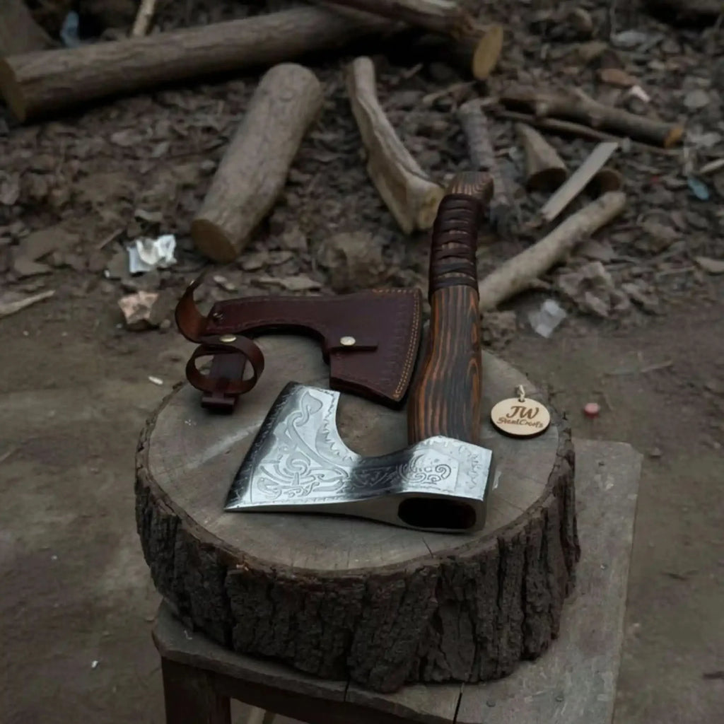 Hand Forged Carbon Steel Viking Axe with Carved Ash Wood Handle and Leather Grip