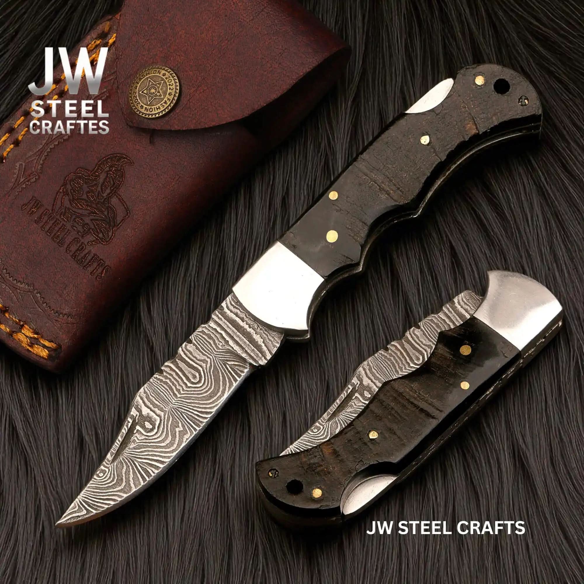 Handmade Damascus Folding Knife with Ram Horn or American Flag Handle