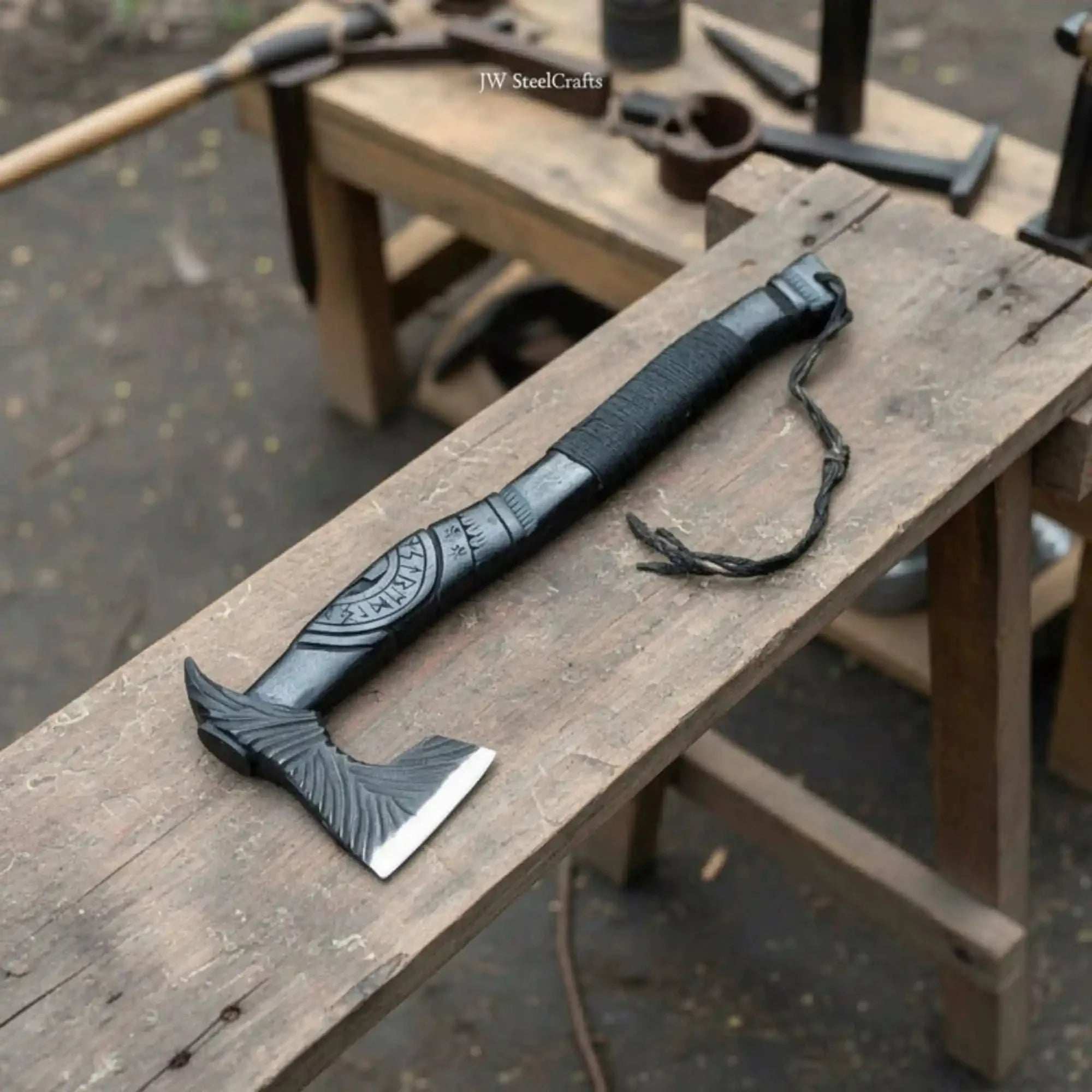Hand Forged Viking Battle Axe with Carved Black Hardwood Handle