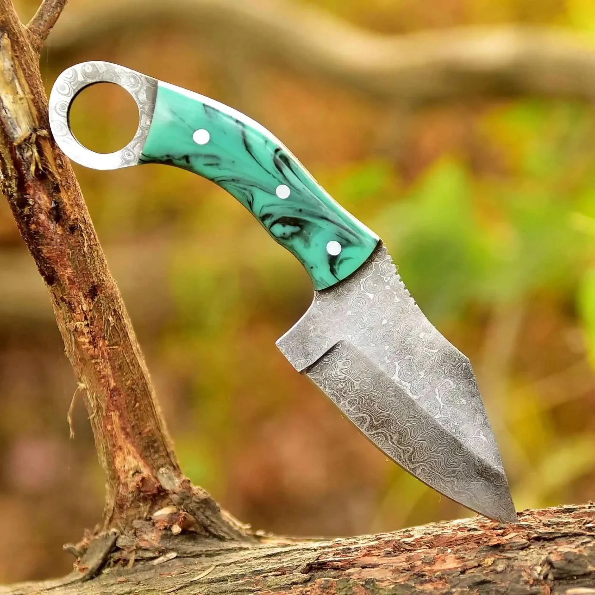 Handcrafted Damascus Steel Ring Handle Outdoor Utility Knife – Resin Grip – JW SteelCrafts