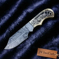 Handmade Damascus Drop Point Hunting Knife with Engraved Bone Handle and Leather Sheath