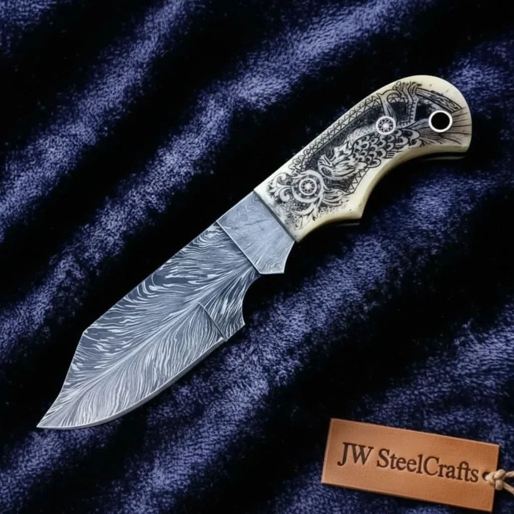 Handmade Damascus Drop Point Hunting Knife with Engraved Bone Handle and Leather Sheath