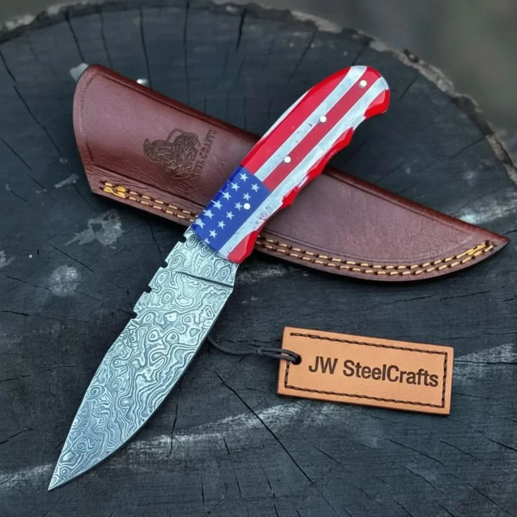Handcrafted Damascus Steel Utility Knife with American Flag Handle | Leather Sheath | JW SteelCrafts