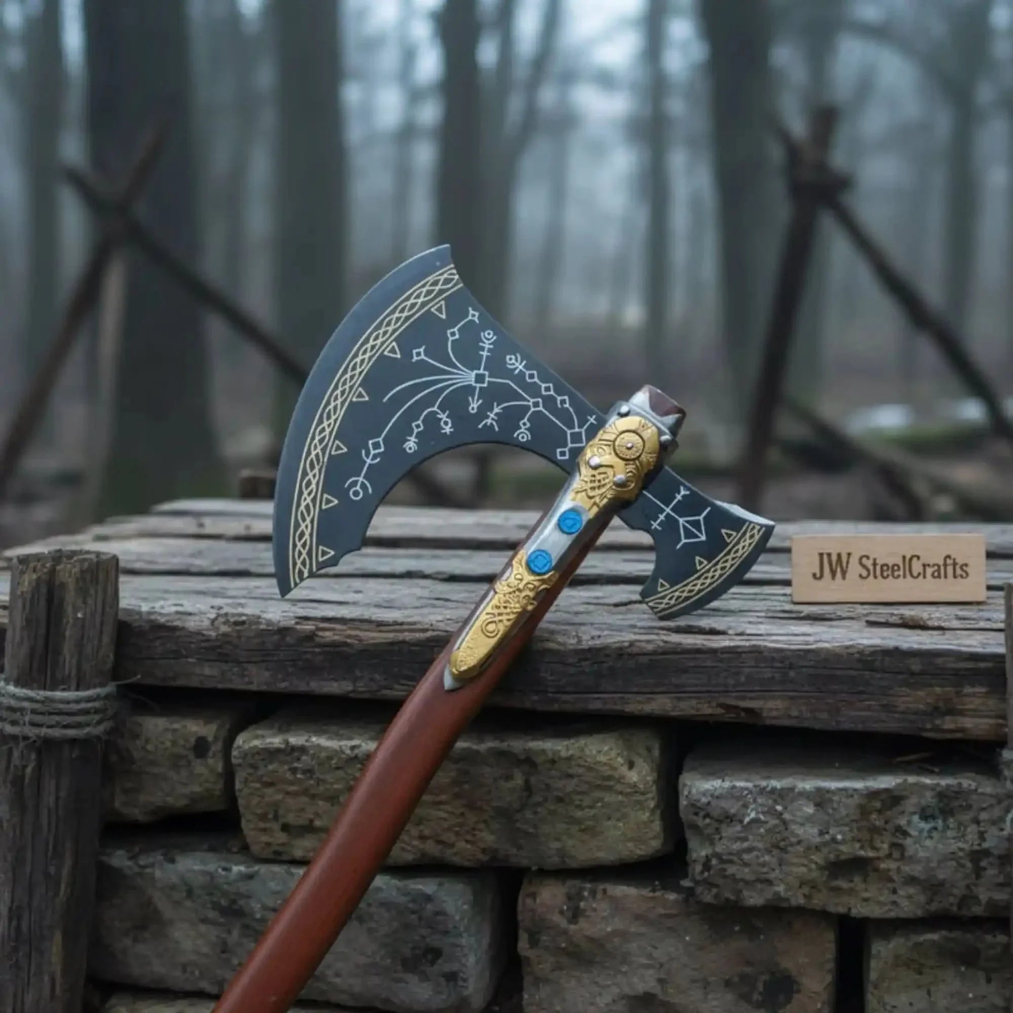 Hand Forged Viking Fantasy Double-Bit Axe with Norse Engraving, Gold Handle Fittings and Blue Gemstone Inlays