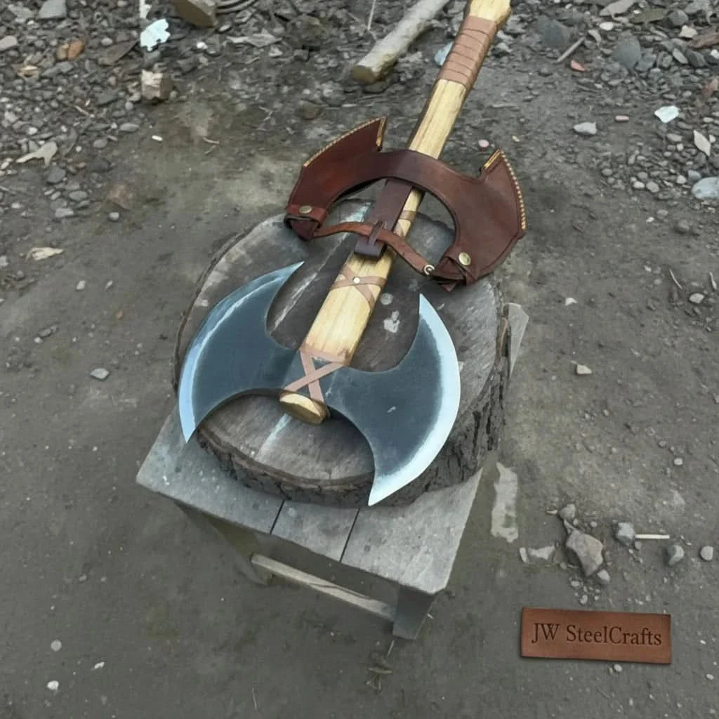 Handcrafted Double-Head Decorative Axe with Wooden Handle – JW SteelCrafts