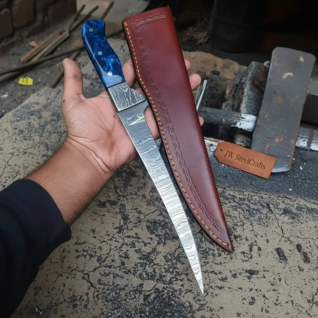 Hand-Forged Damascus Steel Fillet Knife – 8 Inch Flexible Fish Fillet Blade with Blue Resin Handle, Full Tang Professional Fishing Knife with Leather Sheath JW SteelCrafts
