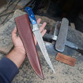 Hand-Forged Damascus Steel Fillet Knife – 8 Inch Flexible Fish Fillet Blade with Blue Resin Handle, Full Tang Professional Fishing Knife with Leather Sheath JW SteelCrafts