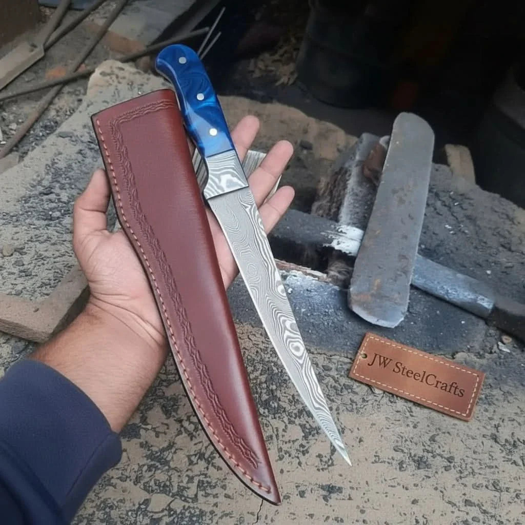 Hand-Forged Damascus Steel Fillet Knife – 8 Inch Flexible Fish Fillet Blade with Blue Resin Handle, Full Tang Professional Fishing Knife with Leather Sheath JW SteelCrafts