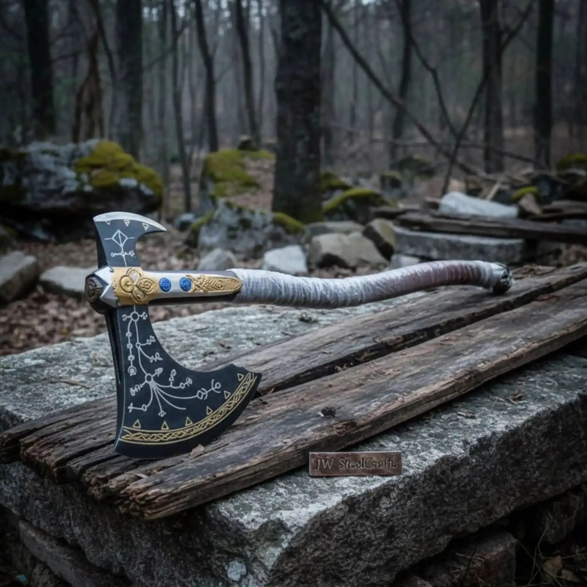 Hand Forged Viking Fantasy Double-Bit Axe with Norse Engraving, Gold Handle Fittings and Blue Gemstone Inlays