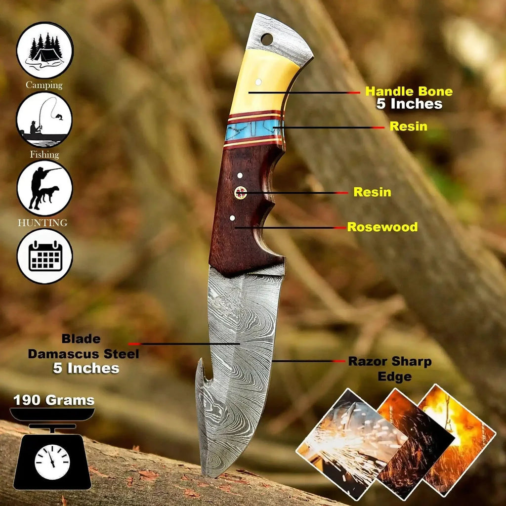 Gut Hook Hunting Knife with Bone, Resin & Rosewood Handle | Damascus Pattern Blade