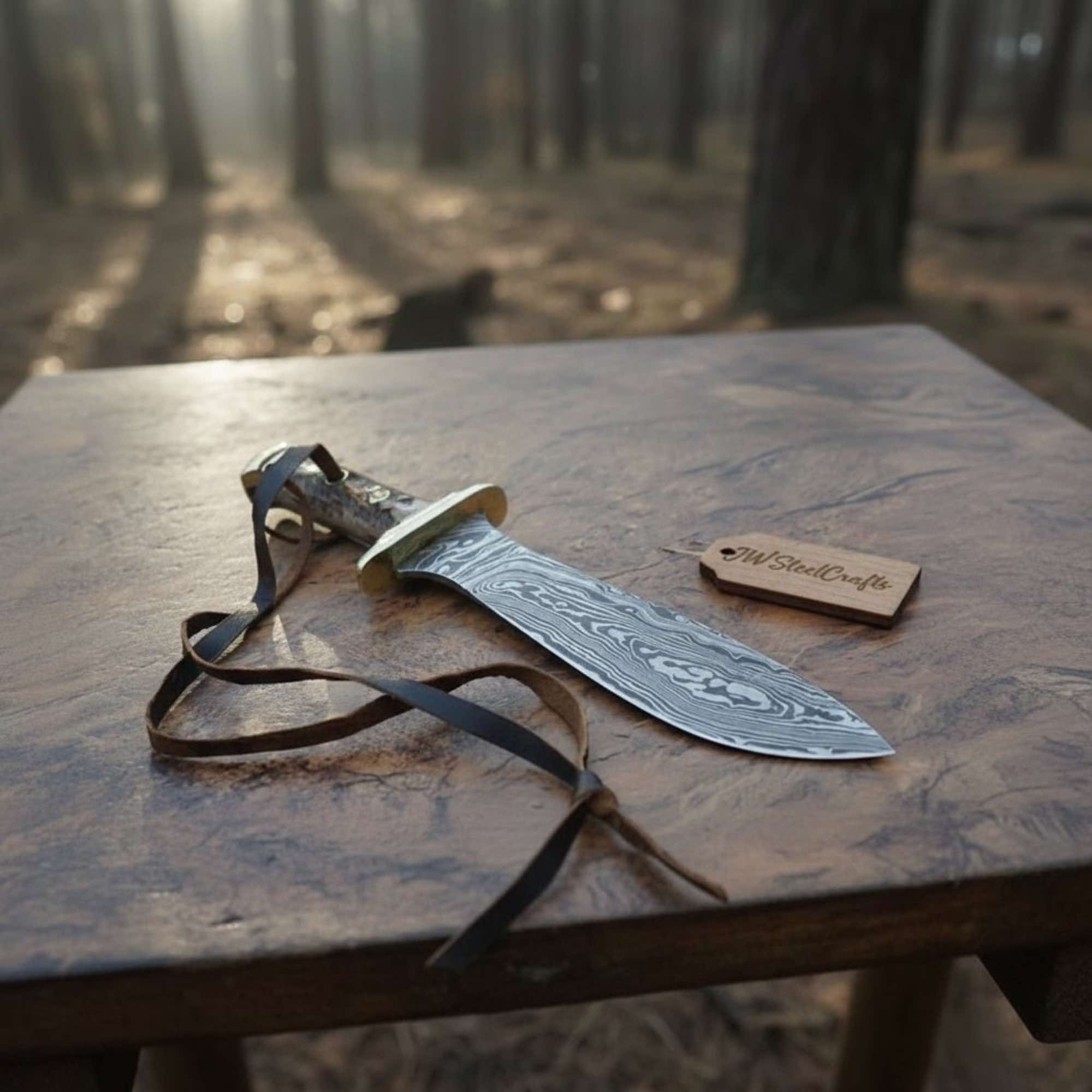 Handmade Persian-Style Upswept Bowie Knife with Stag Handle and Brass Pommel