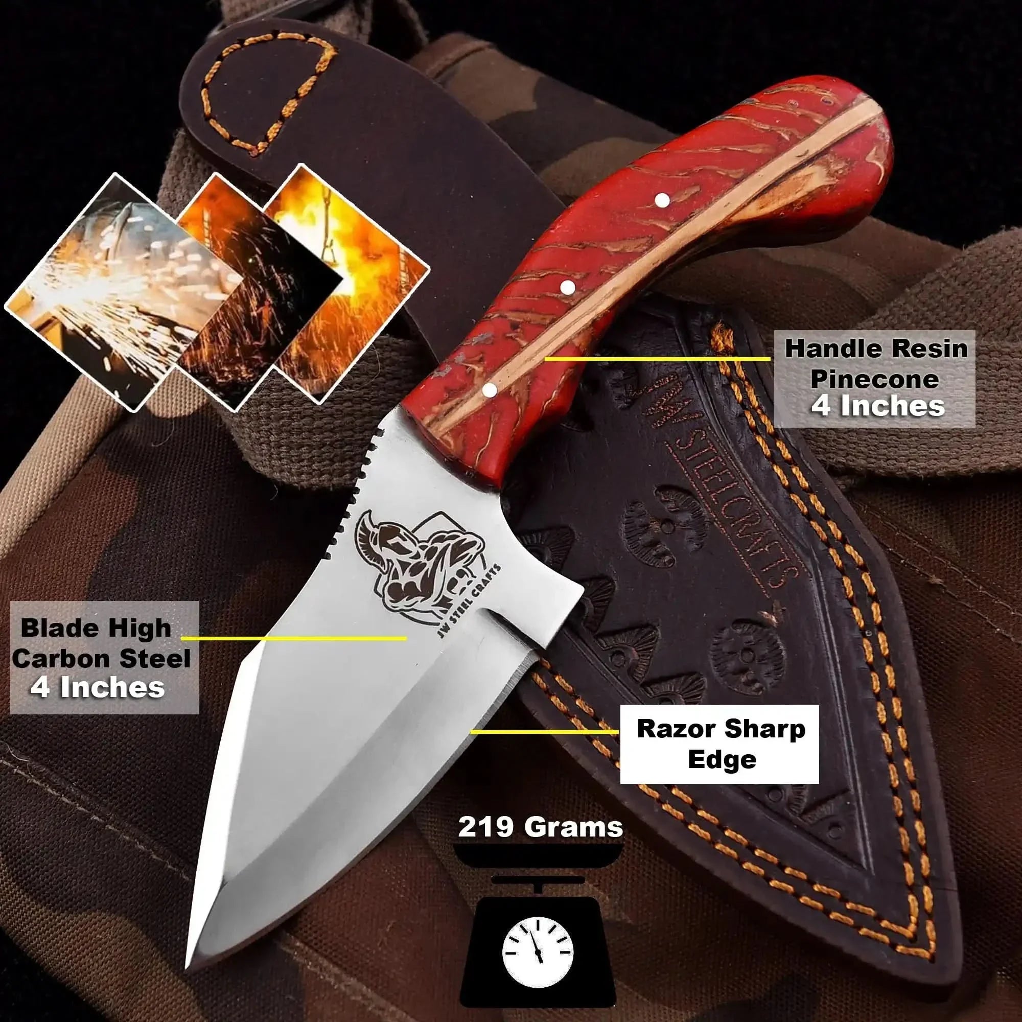 Handmade High Carbon Steel Drop Point Hunting Knife Resin Pinecone Handle with Leather Sheath