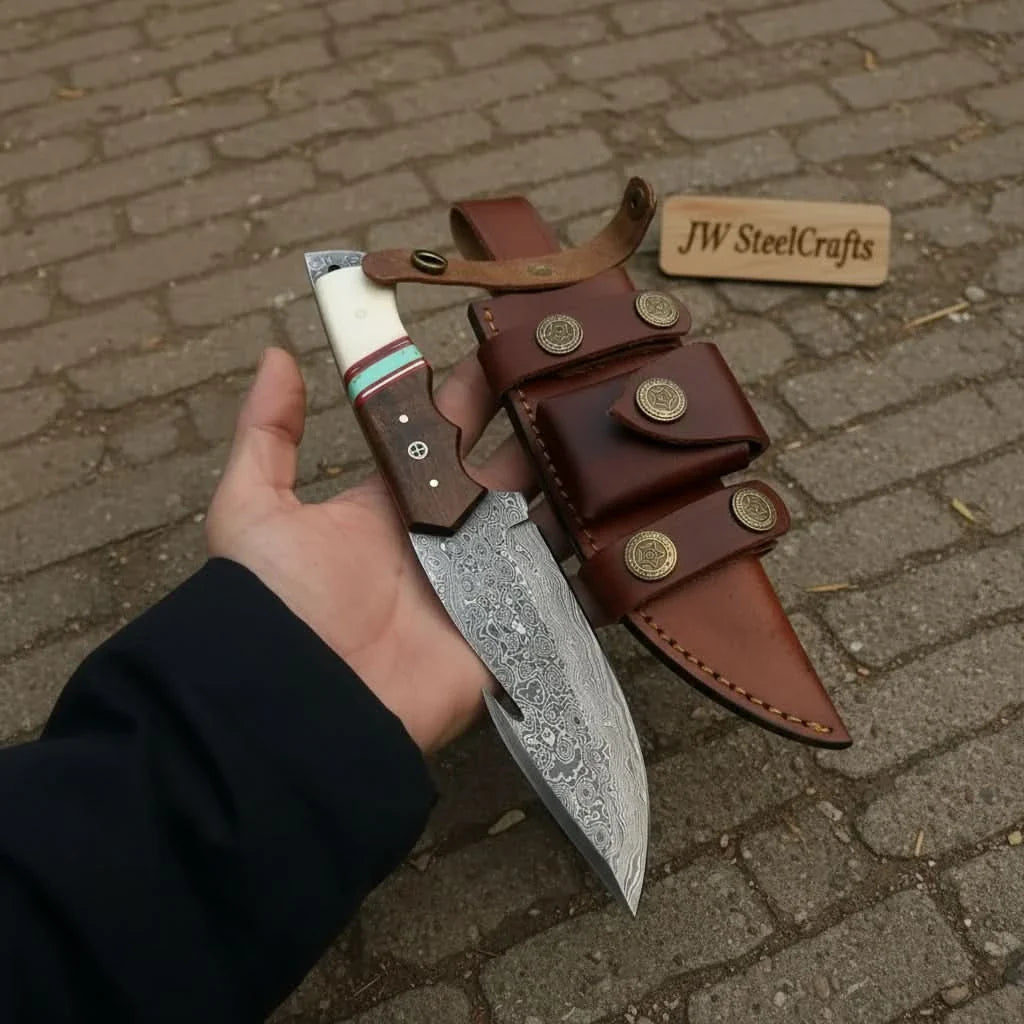 Gut Hook Hunting Knife with Bone, Resin & Rosewood Handle | Damascus Pattern Blade