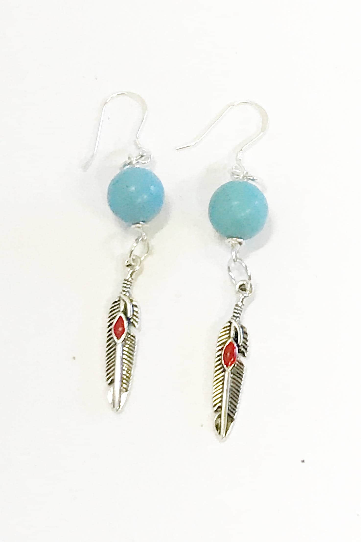Turquoise and Red Dot Feather Drop Earrings, Southwestern Style Jewelry, Dangle Earrings Gift For Her, Country Western Wife Jewelry Gift