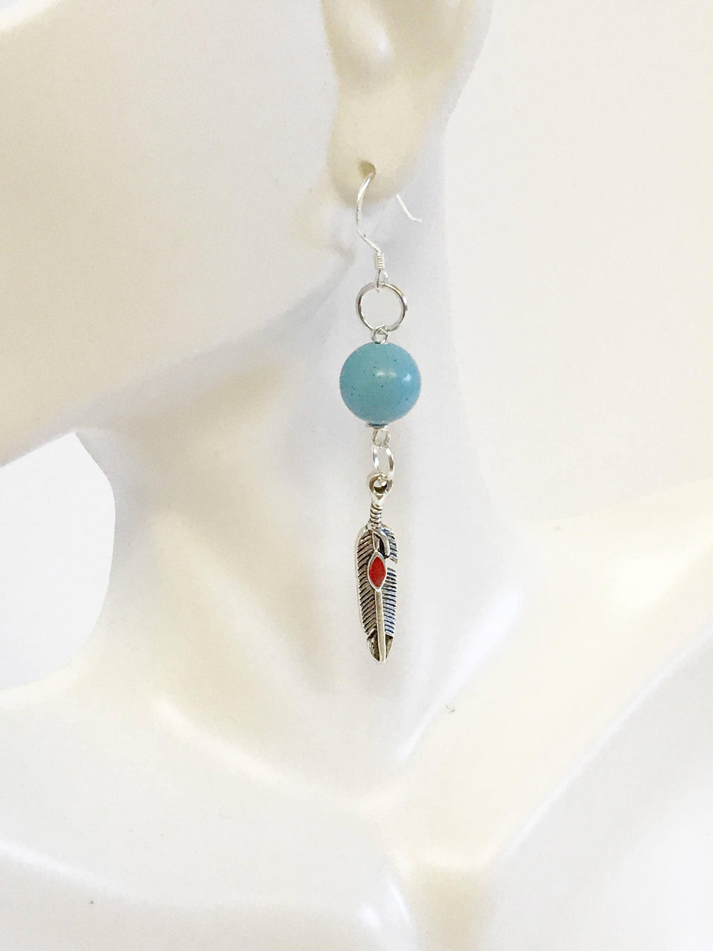 Turquoise and Red Dot Feather Drop Earrings, Southwestern Style Jewelry, Dangle Earrings Gift For Her, Country Western Wife Jewelry Gift