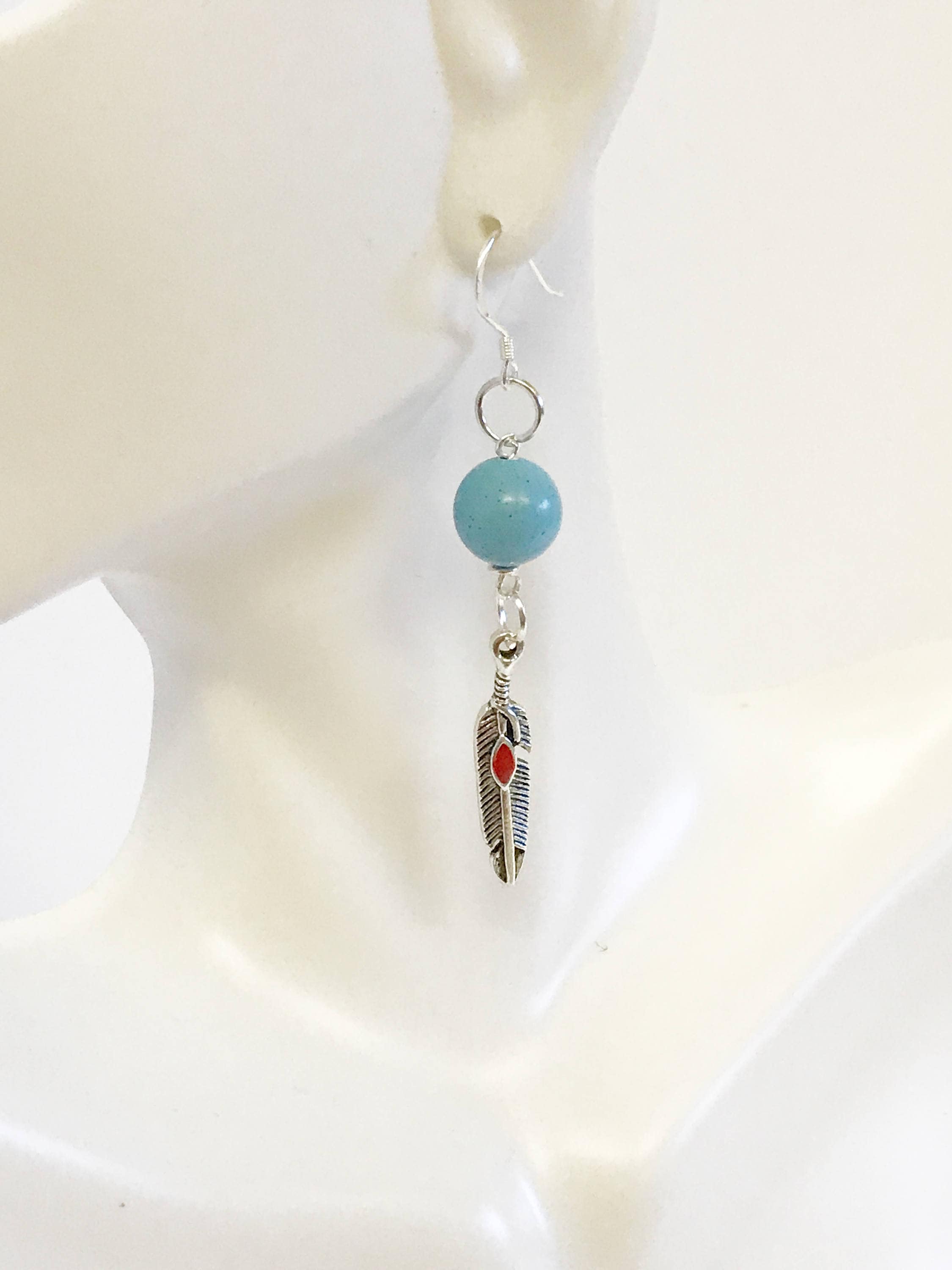 Turquoise and Red Dot Feather Drop Earrings, Southwestern Style Jewelry, Dangle Earrings Gift For Her, Country Western Wife Jewelry Gift