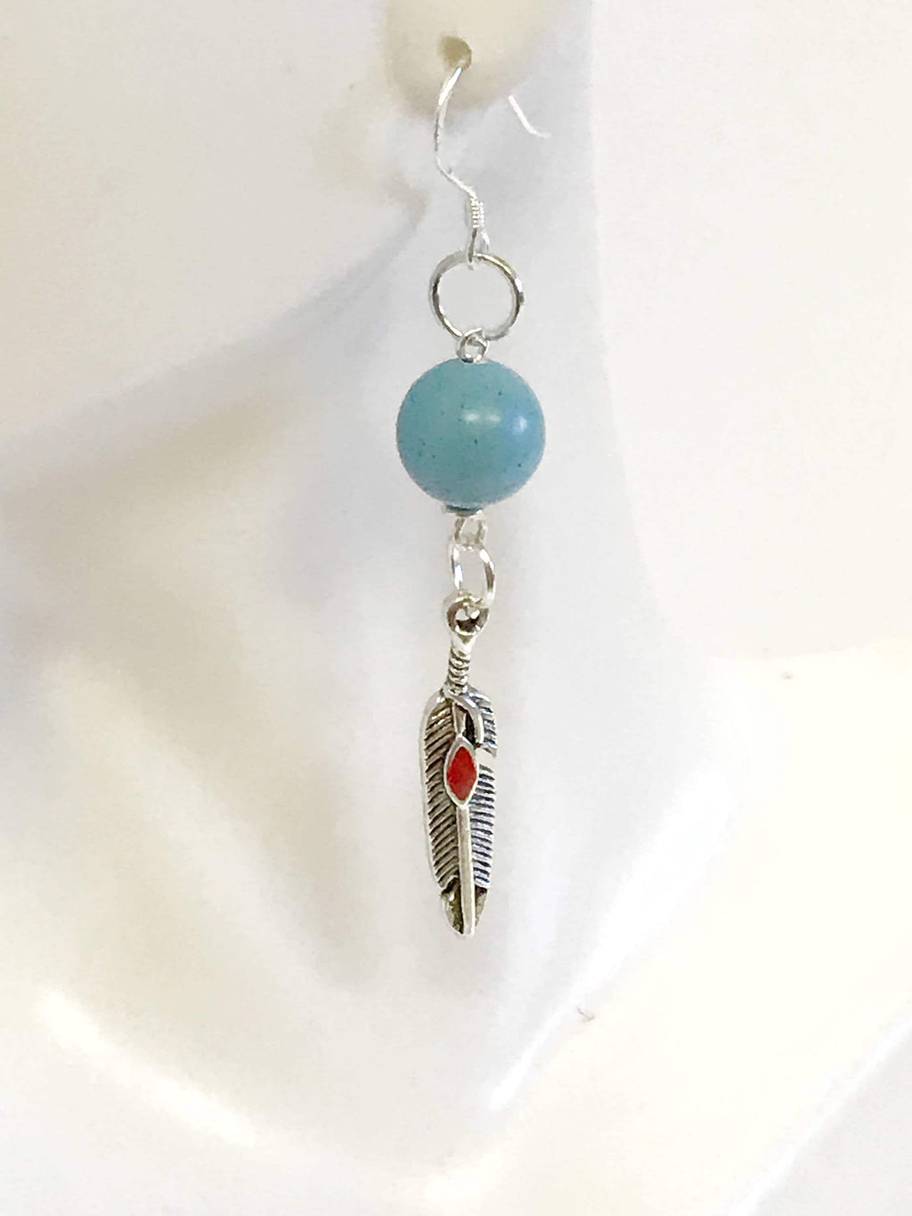 Turquoise and Red Dot Feather Drop Earrings, Southwestern Style Jewelry, Dangle Earrings Gift For Her, Country Western Wife Jewelry Gift