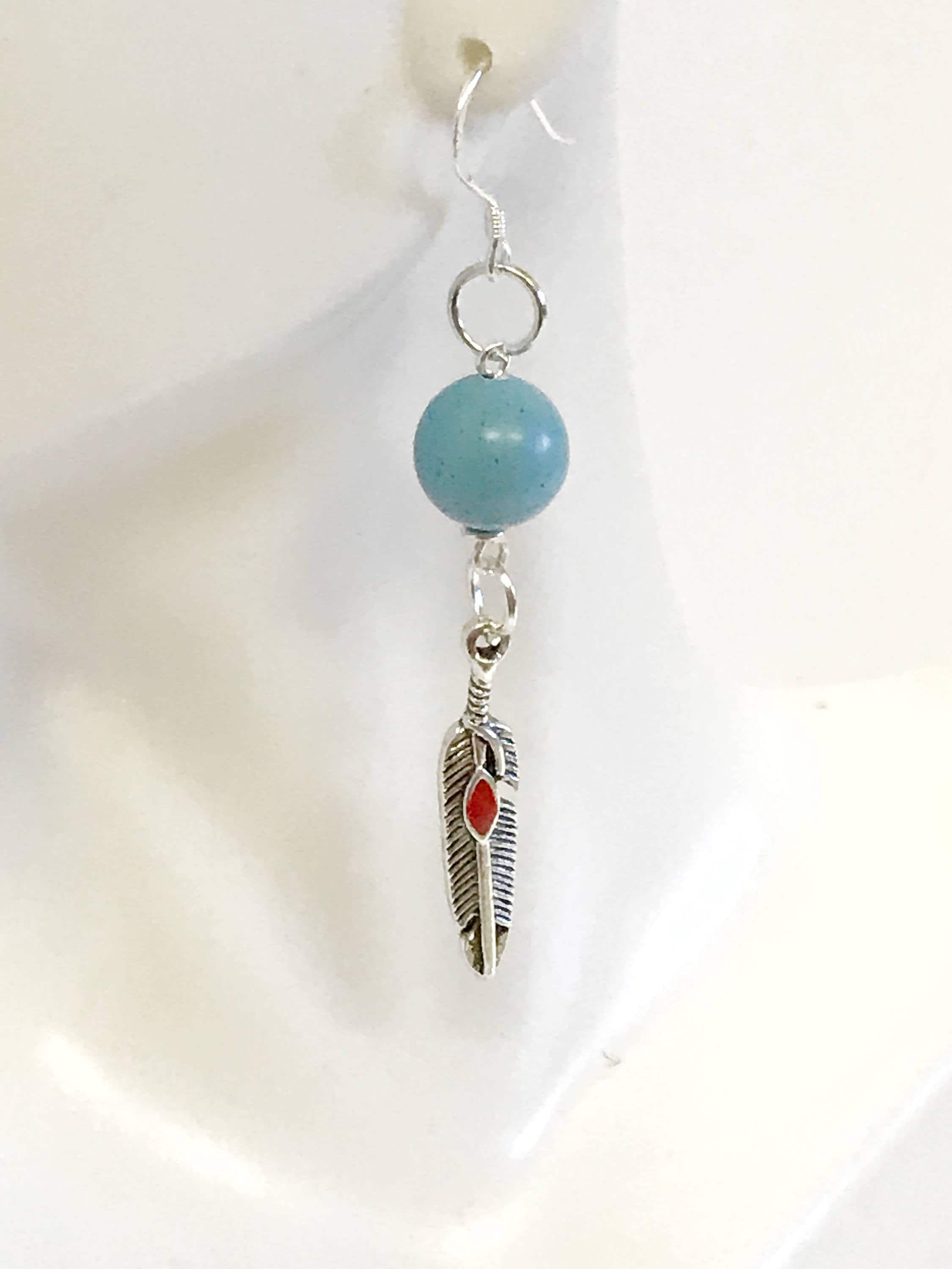 Turquoise and Red Dot Feather Drop Earrings, Southwestern Style Jewelry, Dangle Earrings Gift For Her, Country Western Wife Jewelry Gift